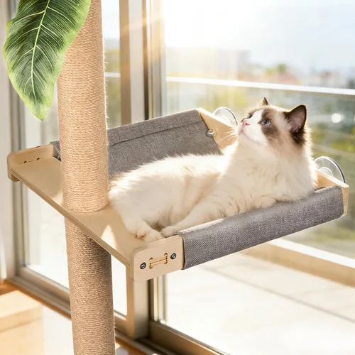 Vista 6 de XiaZ Percha para ventana para gatos con poste rascador alto, hamaca de ventana para gatos de 58 pulgadas con condominio para gatos, poste rascador