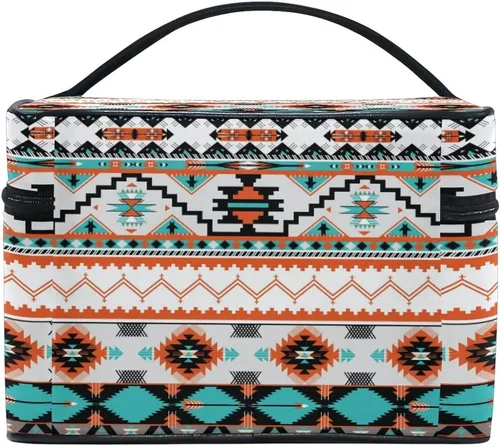 Vista 4 de AUUXVA Bolsa de cosméticos de viaje, bolsa de maquillaje étnica geométrica Chevron azteca, organizador grande, bolsa de aseo portátil, bolsa