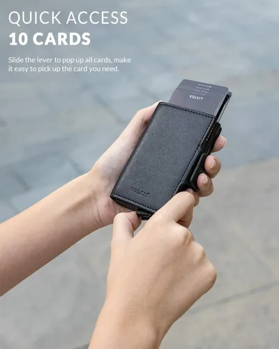 Vista 2 de VULKIT Tarjetero de cuero con bloqueo RFID, billetera desplegable automática con bloqueo RFID, cartera magnética para tarjetas doble para hombres
