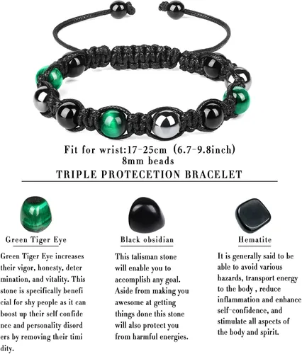 Vista 2 de Vinswet Pulsera de triple protección, pulsera de cuentas de obsidiana negra y hematita auténtica, para hombres y mujeres, pulseras curativas