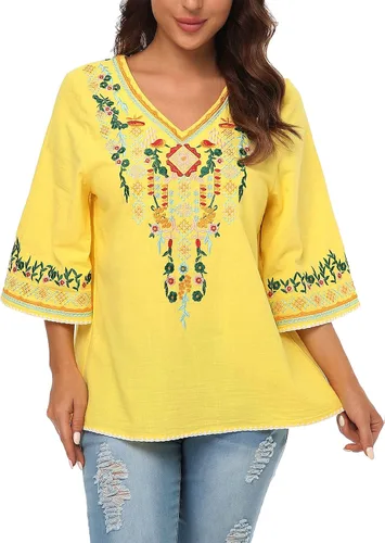Vista 3 de YZXDORWJ Blusa campesina mexicana bordada con cuello en V para mujer