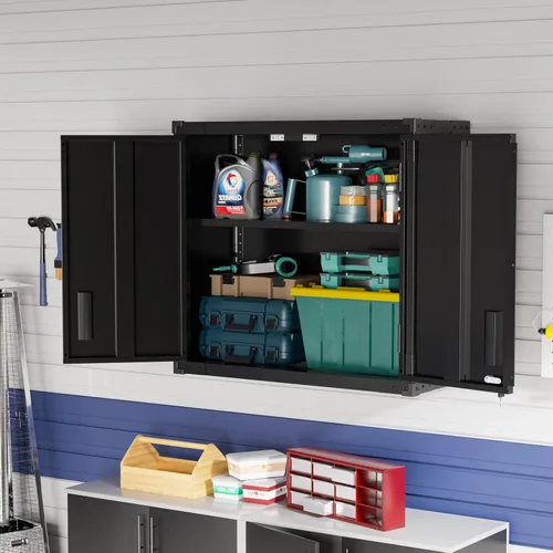 Vista 7 de VINGLI Armario de Pared para Garaje con Puertas con Cerradura y Estante Ajustable, Gabinete de Pared de Metal, Gabinete de Almacenamiento Superior