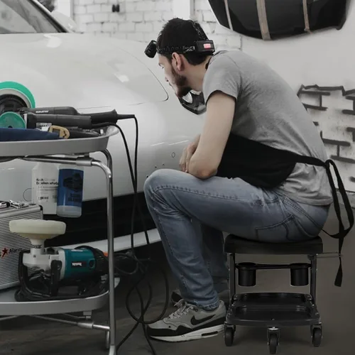 Vista 9 de M-AUTO Asiento de rodillo para garaje, taburete de taller mecánico resistente con bandeja para herramientas y estante para equipos, asiento