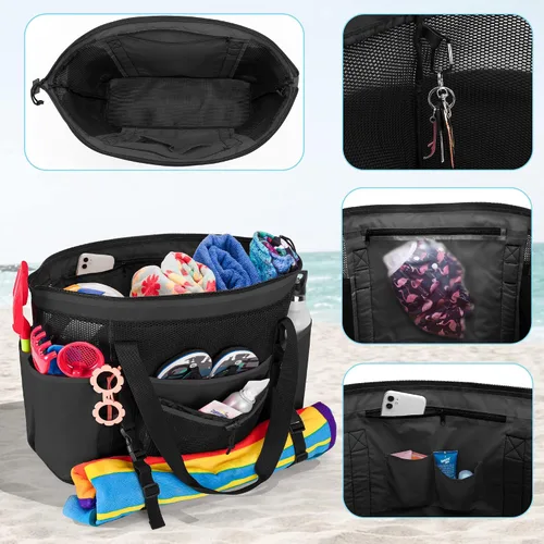 Vista 2 de Fasrom Extra Large Mesh Beach Bag with Zipper Bottom Family Beach Tote Bag with Wet and Dry Separation Patent Design