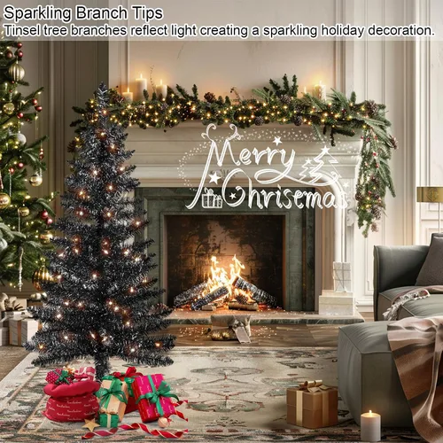 Vista 3 de Liguanow Árbol de Navidad artificial de 4 pies completamente negro con luces separadas, no preiluminado, mini árbol de Navidad de oropel negro, 50
