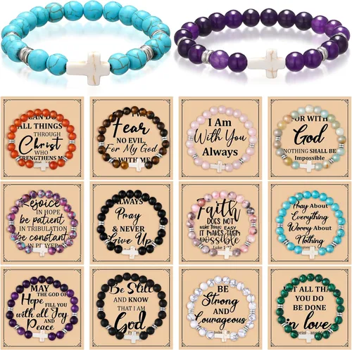 Vista 11 de Cunno Juego de 12 Pulseras de Cruz Cristiana al Por Mayor, Pulseras de Cuentas de Cruz Religiosa para Mujeres y Hombres, 12 Cosas de Cuentas