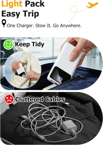 Vista 2 de Banco de energía cargador portátil con cables integrados y enchufe de pared, paquete de batería USB-C delgada de 10000mAh, cargador portátil