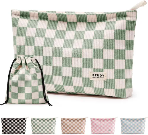 Vista 24 de WLLWOO - 2 bolsas de maquillaje de pana con cara sonriente, bolsa de cosméticos con cremallera interior impermeable, estuche para lápices, monedero