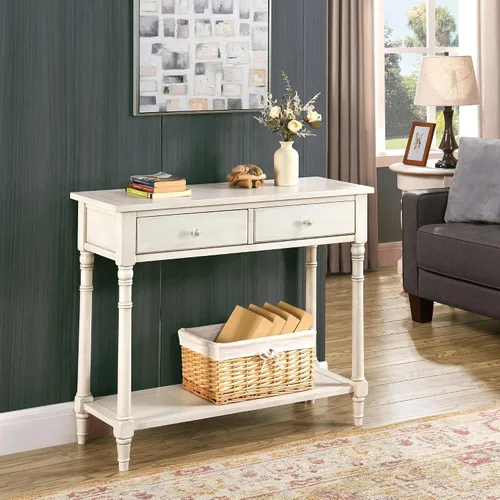 Vista 10 de SFZ-004BK - Mesa de entrada de madera maciza con 2 cajones, mesa de sofá decorativa con estante de almacenamiento, mesa de entrada estrecha