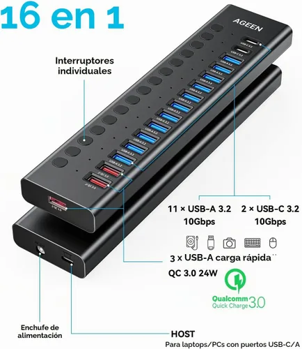 Vista 10 de Hub USB alimentado, concentrador USB 3.2 de 16 puertos AGEEN