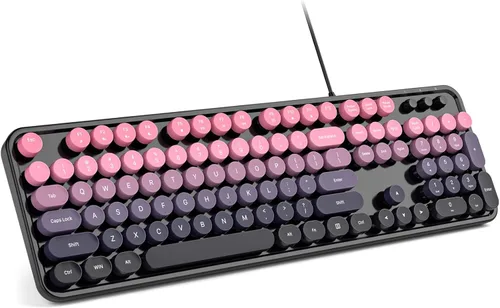 Vista 9 de MOFII Teclado de máquina de escribir con cable, tamaño completo, USB Plug and Play, teclado redondo retro con soportes plegables para PC, laptop