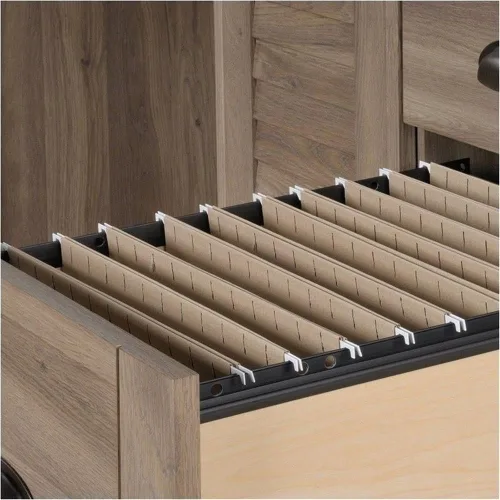 Vista 6 de Scranton & Co Escritorio moderno de madera para computadora con gabinete, acabado de roble sal, 62 pulgadas de ancho, 3 cajones, almacenamiento