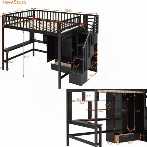 Vista 8 de Harper & Bright Designs Cama tipo loft de tamaño matrimonial con escritorio, marco de cama tipo loft de madera con armario, estantería y cajones