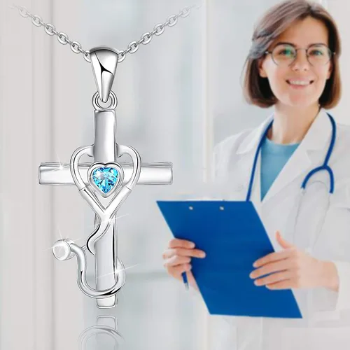 Vista 2 de Collar con colgante de estetoscopio con temática de medicina de plata de ley 925 para doctor o enfermera, regalo para graduación, estudiantes