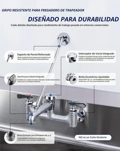 Vista 3 de Grifo de fregadero de fregona comercial de 8 centros con soporte Estilo estándar.