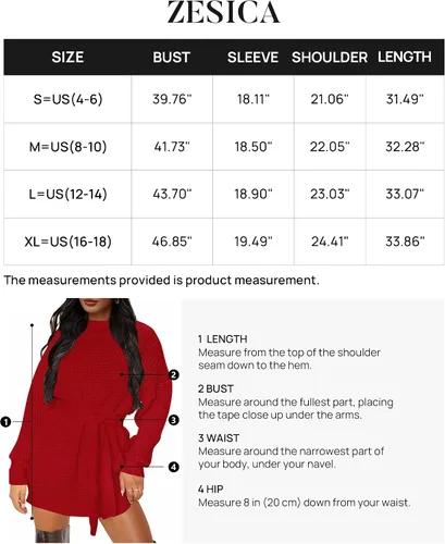 Vista 6 de ZESICA Women's 2024 Fall Long Sleeve Solid Color Waffle Knitted Tie Waist Tunic Pullover Sweater Dress