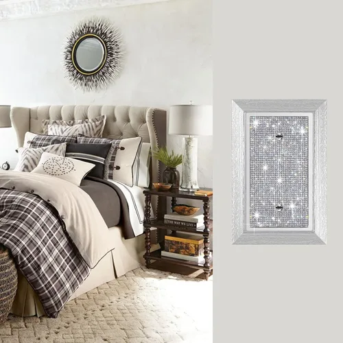 Vista 5 de Placa de pared con diamantes de imitación plateados brillantes plateados, placa de cubierta de interruptor de luz, cubierta de enchufe de grano