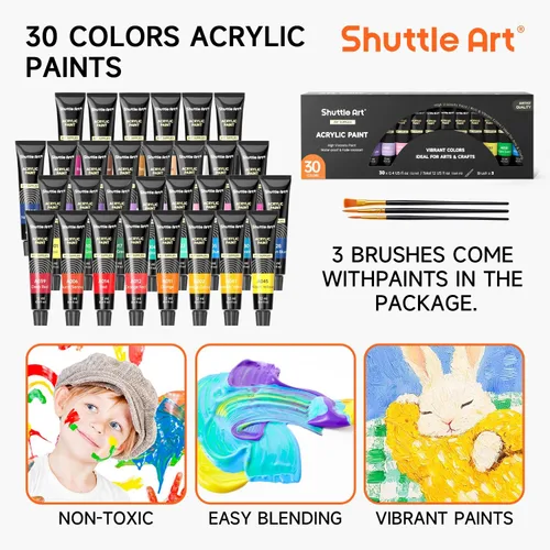 Vista 8 de Juego de 48 pinturas acrílicas para niños, Shuttle Art 30 colores de pintura acrílica con caballete de madera, lienzo, bloc de pintura, pinceles