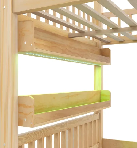 Vista 9 de Cama de casa de tamaño matrimonial con luz LED integrada y barandillas de seguridad, marco de cama de madera con escalera resistente para niños