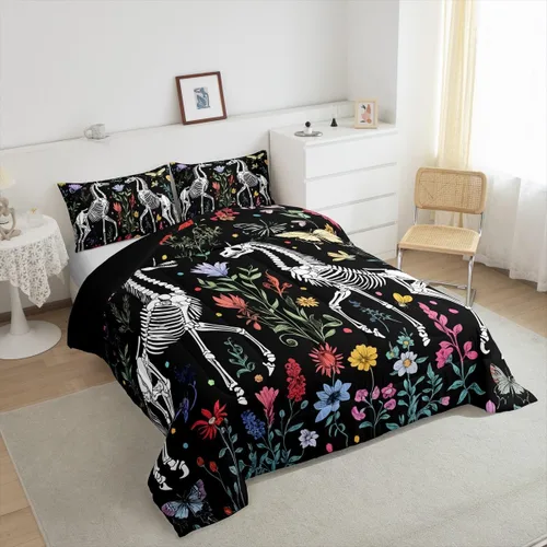 Vista 4 de Juego de edredón de polilla de la muerte, juego de ropa de cama tamaño individual, diseño de calavera gótica, flores botánicas, juego de edredón
