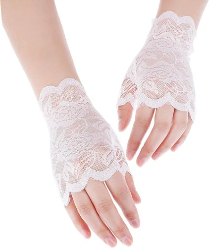 Vista 4 de 3 pares de guantes de encaje para mujer, sin dedos, cortos, floral, para boda, fiesta