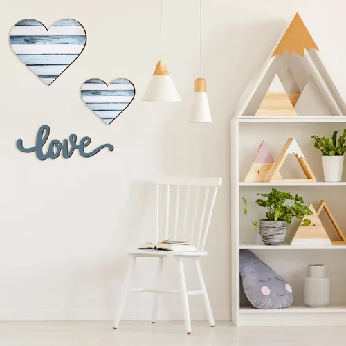 Vista 8 de 3 piezas de corazones de madera decoración corazón letrero de madera rústico colgante placa de amor para pared, hogar, granja, sala de estar Azul