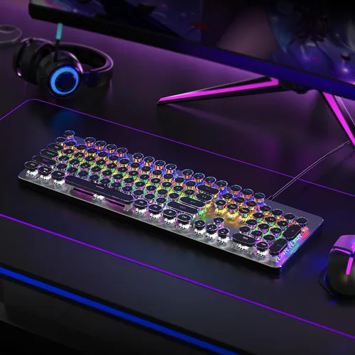 Vista 7 de RisoPhy Teclado mecánico para juegos estilo máquina de escribir, panel de metal, teclas redondas punk retro, interruptor azul clicky
