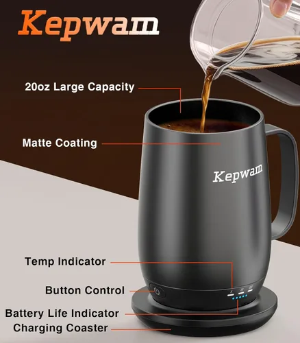 Vista 3 de Kepwam Taza de Café con Calefacción T2-Plus, taza de café autocalentable de gran capacidad líder de 20 onzas, hasta 8 horas de batería y caliente