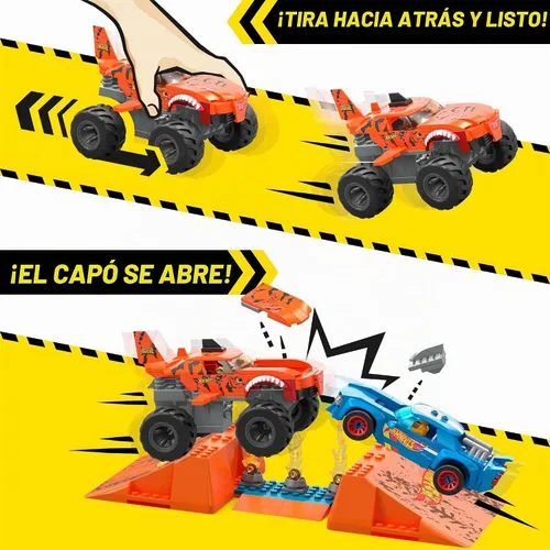 Vista 4 de MEGA Hot Wheels Monster Trucks - Juego de construcción de juguete Smash & Crash Tiger Shark Chomp Course con 245 piezas, 2 microfiguras, naranja