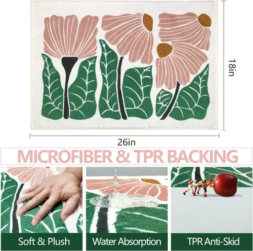 Vista 2 de SHIYUE Bonita alfombra de baño con diseño de flores para alfombras de baño, microfibra ultra suave y esponjosa, absorción de agua, tapete