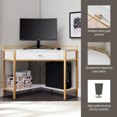 Vista 8 de Leick Home 9230-WTGL Claudette - Escritorio de oficina con esquina de metal y madera mixta con cajón frontal para teclado, blanco/dorado satinado