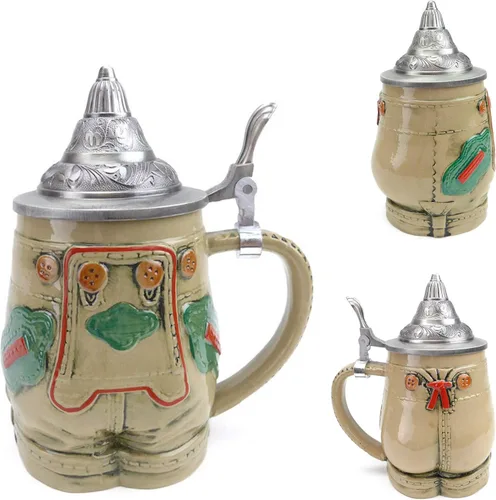 Vista 3 de 0.55 litros OktoberfestHaus German Stein Oktoberfest - Taza de cerveza de cerámica con tapa Lederhosen alemán con tapa, artículos de Oktoberfest