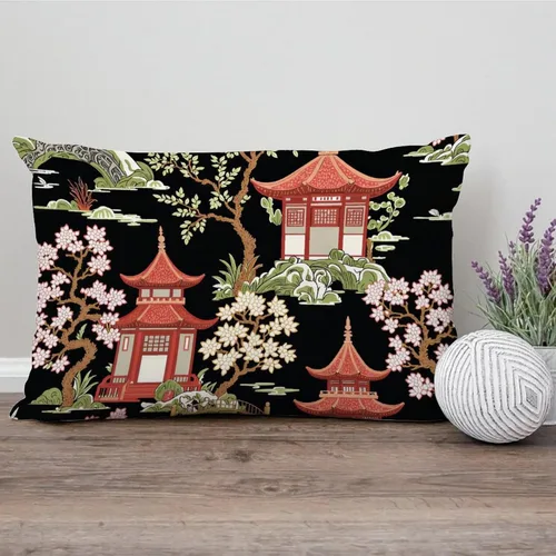 Vista 156 de ArogGeld Funda de cojín con flores verdes y blancas con flores grises y negras y hojas verdes en estilo chinoiserie, funda de almohada cuadrada