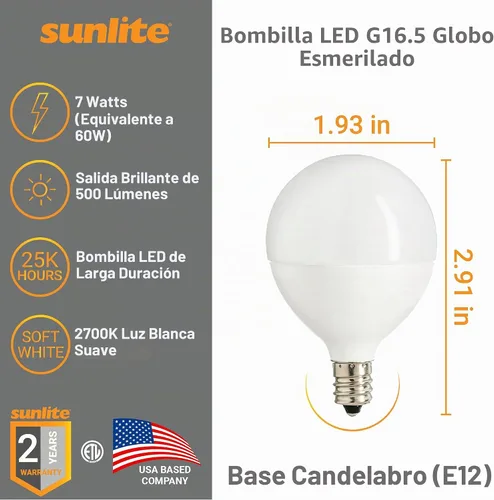 Vista 2 de Sunlite Bombilla LED G16.5, 7 vatios (equivalente a 60 W), 500 lúmenes, regulable, base de candelabro tipo G en forma de globo E12, bombillas Blanco