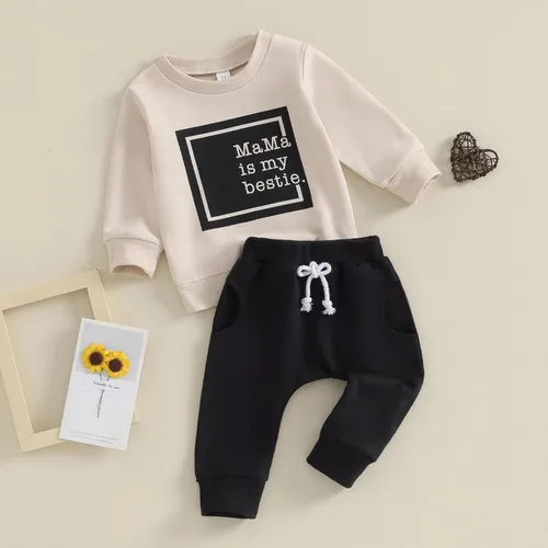 Vista 2 de Conjunto de ropa de 2 piezas de sudadera de manga larga para bebé niña pequeña para otoño e invierno, C-caqui-3 & mamas Bestie