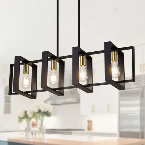 Vista 12 de Lámpara colgante de comedor de granja, para isla de cocina, rústica, 4 luces, madera y metal negro, lámpara rectangular para colgar en el techo