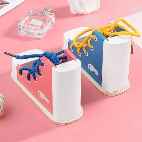 Vista 7 de NUOBESTY Aprende a atar zapatos zapatos de madera con cordones de juguete para atar los zapatos, kit de enseñanza para niños, azul