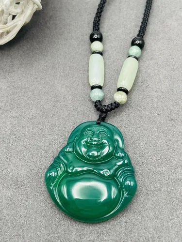 Vista 4 de 1 colgante de jade verde chino con dije de Buda sonriente de la suerte, Gema, Jade