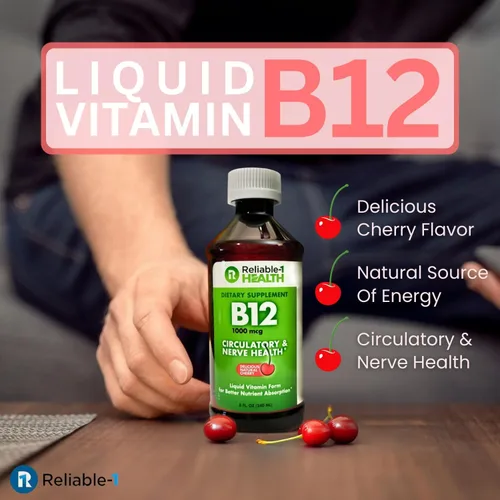 Vista 2 de Reliable-1 Laboratories Suplemento diario de vitamina B12 líquida de 1000 mcg para hombres y mujeres adultos, sabor a cereza natural