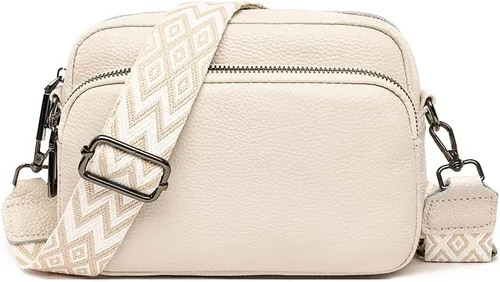 Vista 10 de Bolso cruzado para mujer de cuero genuino con correa ancha, bolso de hombro, bolso de mano, diseño moderno, bolso cruzado para cámara, cierre