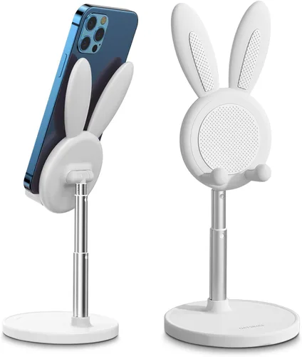 Vista 11 de OATSBASF - Soporte lindo para teléfono celular, soporte ajustable para teléfono con forma de conejo para escritorio, soporte con carcasa gruesa