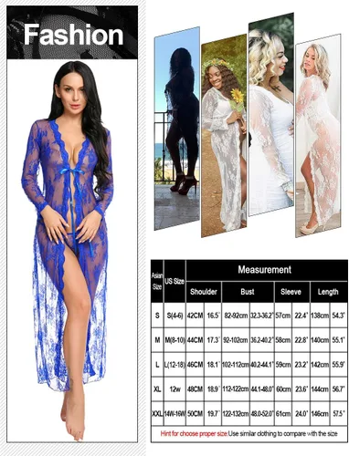 Vista 6 de Lencería para mujer sexy, largo vestido de encaje transparente vestido transparente de bata Kimono Azul
