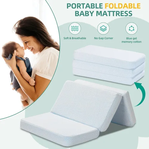 Vista 5 de Colchón de triple pliegue para jugar, 38 x 26 pulgadas, espuma viscoelástica transpirable de doble capa Portátil, bolsa de transporte incluida