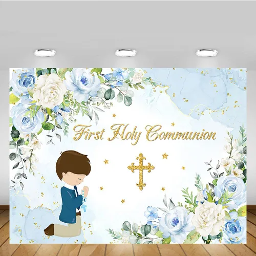 Vista 5 de MEHOFOND Telón de fondo azul para la primera comunión Mi Bautizo de 7 x 5 pies para niños, decoración de fiesta de Dios bendiga fondo azul acuarela