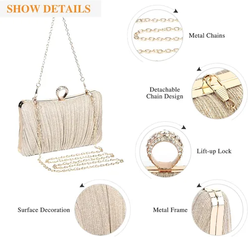 Vista 5 de UBORSE Elegante bolso de embrague plisado con purpurina para mujer, formal, para novia, boda, graduación, cóctel, fiesta, bolso