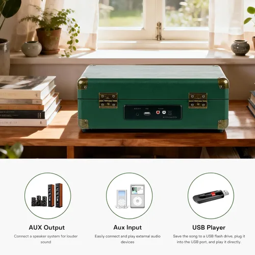 Vista 6 de Tocadiscos portátil con conexión Bluetooth, reproducción USB y batería recargable incorporada, tocadiscos de 3 velocidades, diseño de maleta