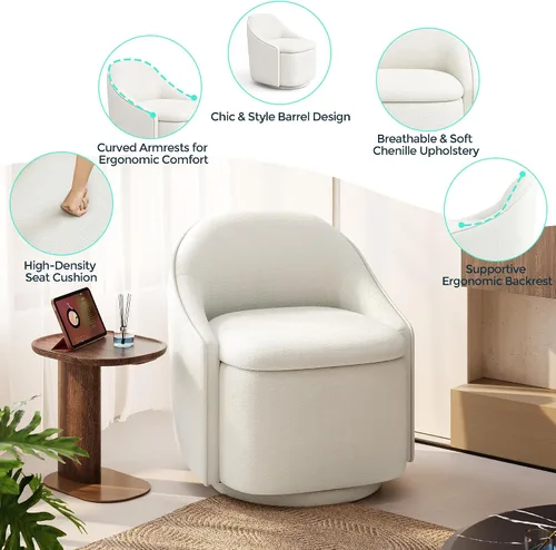 Vista 6 de LINSY Silla Giratoria de Acento con Almacenamiento, Cómodas Sillas de Barril de Chenilla, Pequeño Sillón Moderno Giratorio de 360 Grados para Sala