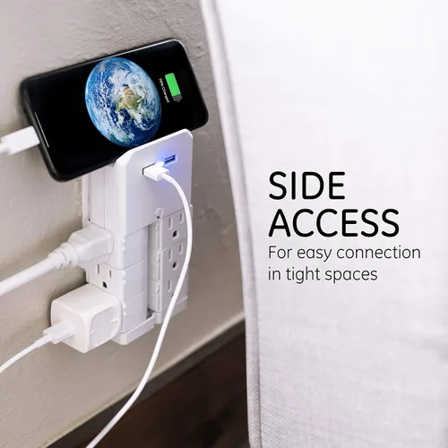 Vista 13 de GE - Extensor de 6 tomas con salidas giratorias, 2 puertos USB, enchufe de pared con toma de tierra, estante para dispositivos incorporado