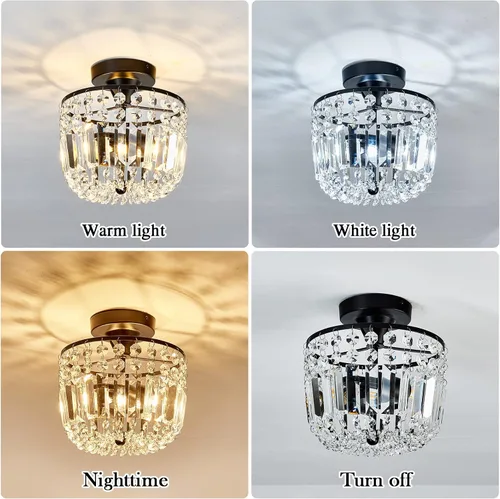 Vista 5 de YYJLX Lámpara de araña pequeña de cristal con 2 luces, moderna lámpara de techo semiempotrada para pasillo, cocina, vestíbulo (negro)