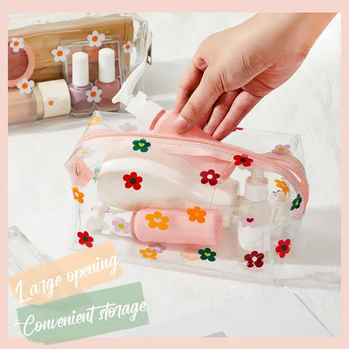 Vista 4 de Amylove - Paquete de 2 bolsas de maquillaje de flores lindas con cremallera de margaritas, bolsa para lápices florales, bolsas de aseo portátiles